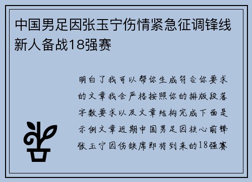 中国男足因张玉宁伤情紧急征调锋线新人备战18强赛